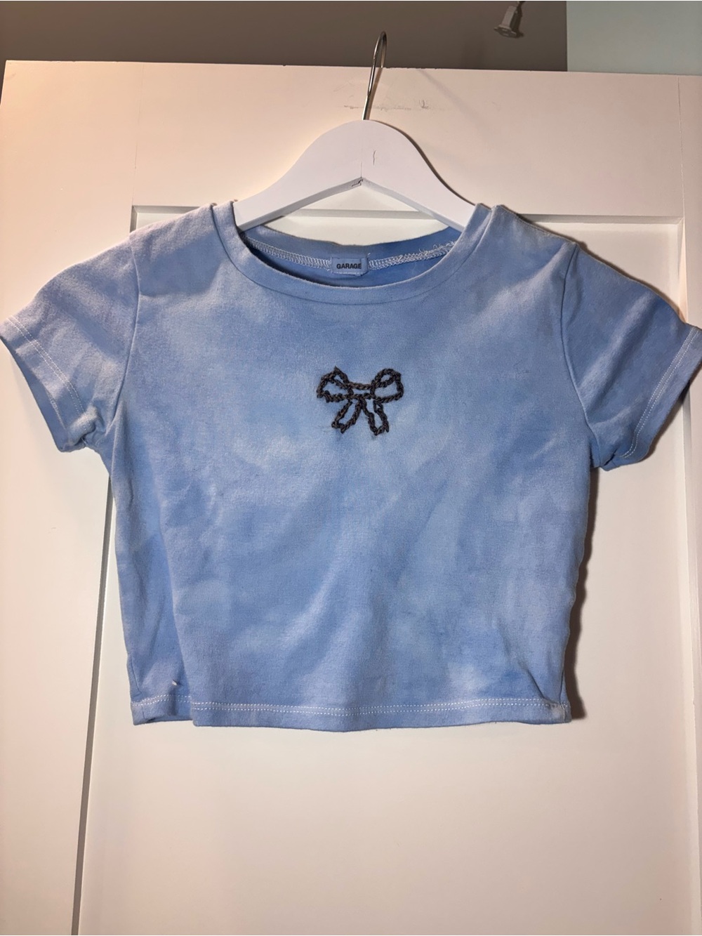 Blue Baby Tee with Embroidered Bow